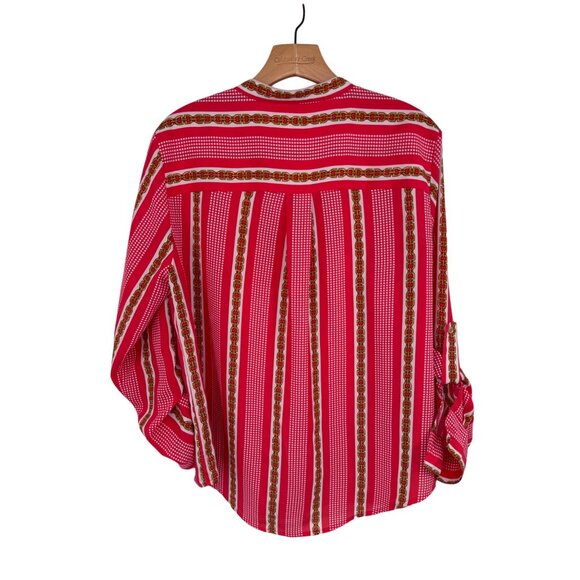 Michael Kors Womens orange Striped chain Patterned Blouse Long roll tab Sleeve S - Picture 10 of 13